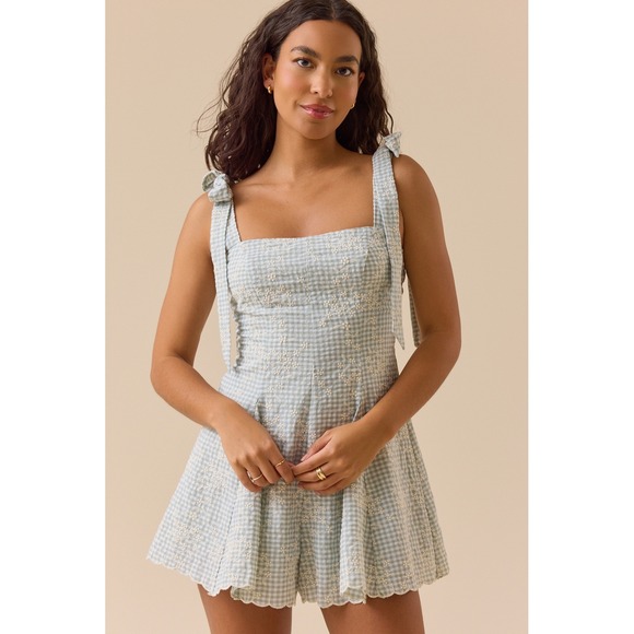 Altar'd State Pants - Altar'd State Size Medium Sage Green Gingham Floral Embroidered Tie Strap Romper